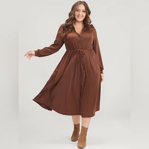 Solid Button Up Pocket Ties Midi Dress Size 6XL(30) #267